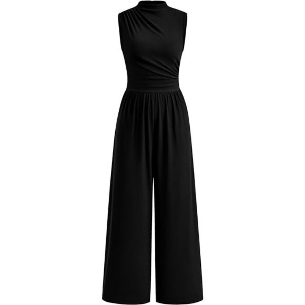 Women's Jumpsuit Sleeveless Mock Neck Wide Leg Pants Rompers with Pockets